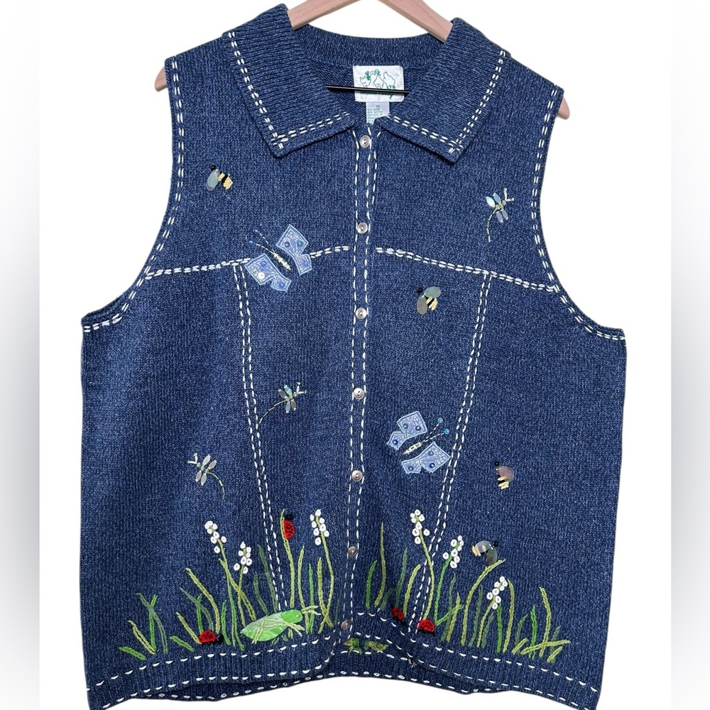 VTG 90s NWT The Quacker Factory Embroidered‎ Sequins Garden Sweater Vest 1X
